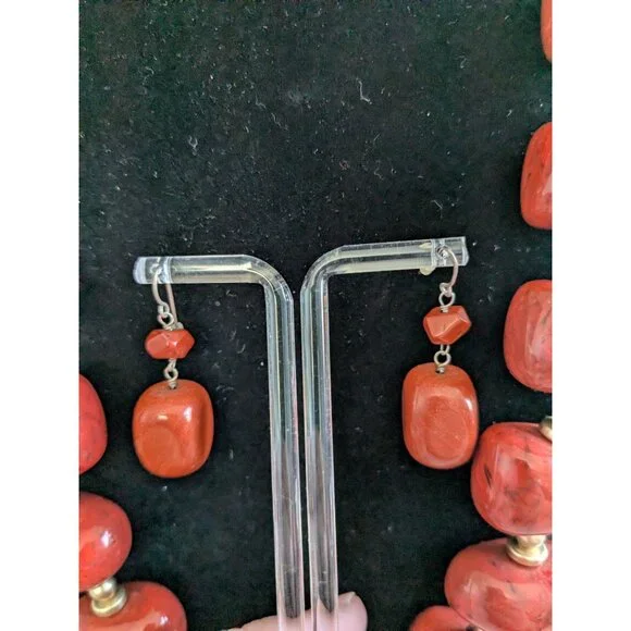 Red Beaded Necklace & Earrings Set With Gold Details By Chicos - Adjustable Chai - Picture 7 of 12